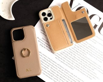 Personalized Leather iPhone Wallet Case: Custom Monogram, Card Holder & Mirror