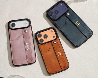 Leren telefoonhoes met riem voor iPhone 17 16 15 14 13 Pro Max, gepersonaliseerde kaartsleuf telefoonhoesje, aangepast monogram iPhone-hoesje cadeau voor haar