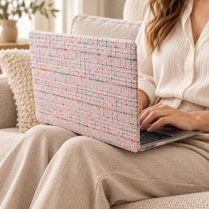 May include: A laptop computer featuring a protective hard shell case with a textured pink tweed pattern. The surface of the case displays a woven appearance with thin, intersecting lines in shades of blue, green, and white throughout.