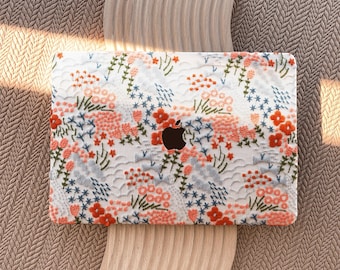 Embroidered Floral MacBook Case: Red Garden Design Hard Cover