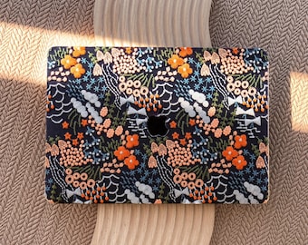 Embroidered Floral MacBook Case: Dark Blue Garden Design