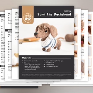 May include: A crochet pattern for making a Yumi the Dachshund amigurumi toy. The pattern includes instructions and materials needed, such as cotton yarn in brown, white, and blue, a 2 mm crochet hook, safety eyes, and stuffing. The pattern is from Cutie Me.