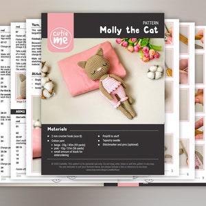 May include: A crochet pattern titled "Molly the Cat" featuring a crocheted cat doll wearing pink pajamas, lying on a pink pillow. The pattern includes instructions, materials, and a list of required items, such as a 2 mm crochet hook and cotton yarn.