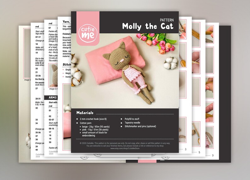 May include: A crochet pattern titled "Molly the Cat" featuring a crocheted cat doll wearing pink pajamas, lying on a pink pillow. The pattern includes instructions, materials, and a list of required items, such as a 2 mm crochet hook and cotton yarn.