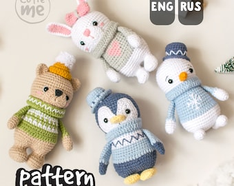 PATTERN. Amigurumi Crochet Pattern: Bear, Bunny, Penguin, Snowman Toy Set (PDF)