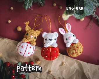 PATTERN. Crochet Christmas Decorations: Bear, Bunny, Squirrel (PDF). Christmas Baubles Set