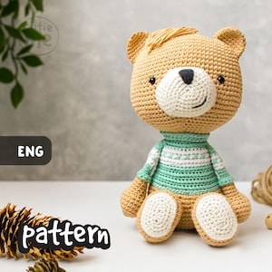 PATTERN crochet Bear the Andy. PDF amigurumi bear pattern, cute crochet bear wears sweater toy