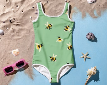 Bumble Bee Green All-Over Print Kids Swimsuit, children swimwear, kids swimwear, summer vacation, vacation swimsuit, beach swimsuit