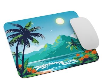 Pode incluir: Um tapete de rato com uma cena tropical de ilha azul e verde com palmeiras, montanhas e uma praia com ondas. O sol brilha no céu.