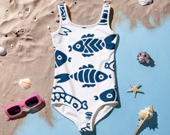 Blue Fish All-Over Print Kids Swimsuit, children swimsuit, kids bathing suits, vacation, summer, gift ideas, kids clothing