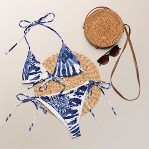 Blue and White print recycled string bikini, women&#39;s swimwear, women&#39;s string bikini, ladies swimsuit, two-piece bathing suit, gift ideas