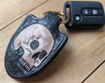 Skull, Skeleton, Your Initials, 3D Genuine Leather Keychain, Key Holder, Hand-Carved, Hand-Painted, Personalized