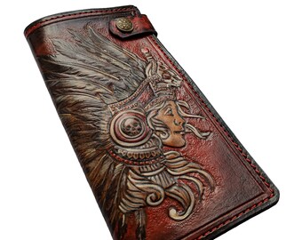 Chief, Indian Girl, Amazons, Fashion Women's 3D Genuine Leather Wallet, Handmade wallet, Carved wallet, Tooled wallet, Airbrush Art