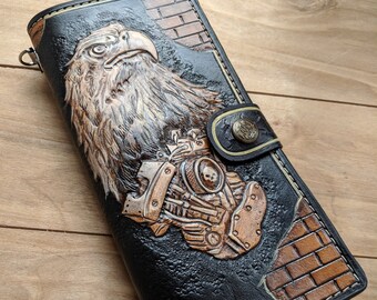 Rider Club, Bike, Biker, V-Twin, Engine, Eagle, Men's 3D Genuine Leather Wallet, Handmade wallet, Carved wallet, Tooled wallet, Airbrush Art