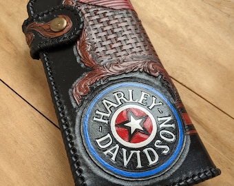 Motorbike, Biker, Sheridan Style Patterns, Bike, Riders Motorcycle Club, Men's 3D Genuine Leather Wallet, Handmade wallet, Carved wallet