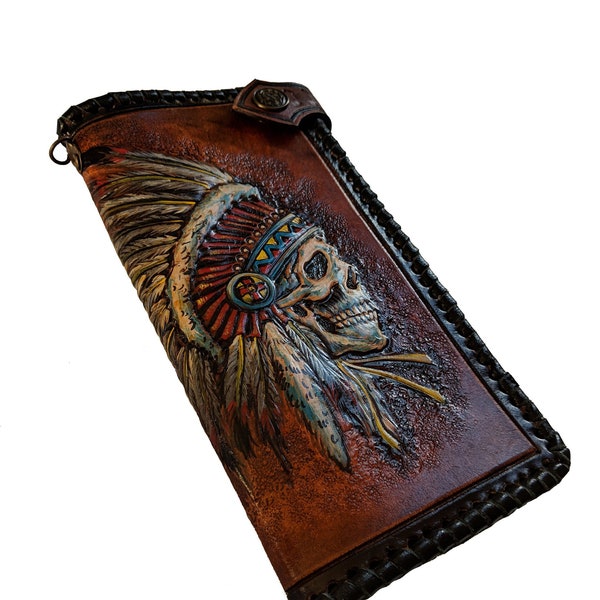 Indian Skull, Native American Chief, Red Man, Men's 3D Genuine Leather Wallet, Handmade wallet, Carved wallet, Tooled wallet, Airbrush Art