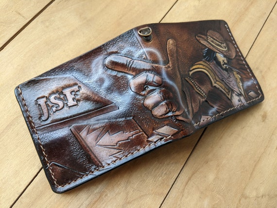  Men's 3D Genuine Leather Wallet, Hand-Carved, Hand