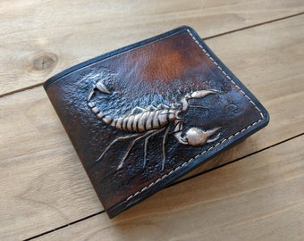 Animal, Scorpion, Men's 3D Genuine Leather Wallet, Handmade wallet, Carved wallet, Tooled wallet, Airbrush Art, A(21)