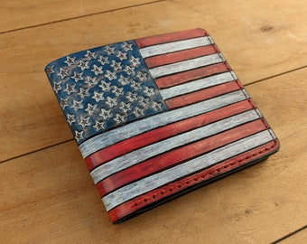 Flag of the United States, USA, US, American, Men's 3D Genuine Leather Wallet, Handmade wallet, Carved wallet, Tooled wallet, Airbrush Art