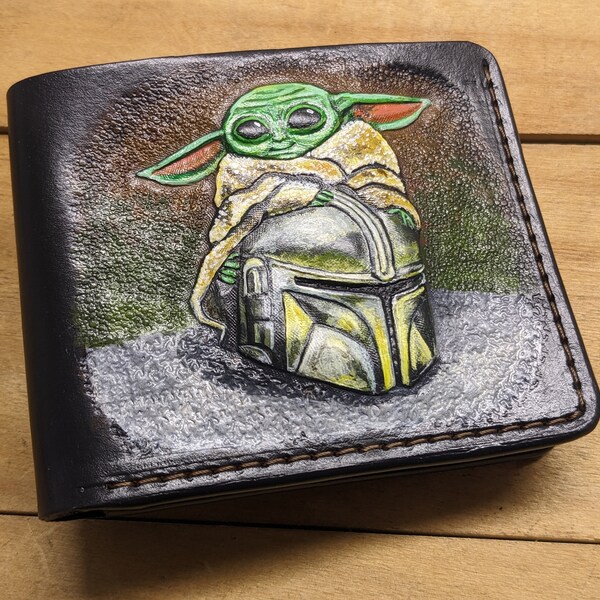 Helmet, Hunter, Men's 3D Genuine Leather Wallet, Handmade wallet, Carved wallet, Tooled wallet, Airbrush Art