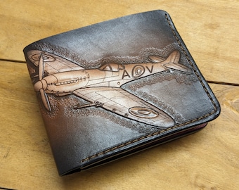 Supermarine Spitfire, Pilot, Aircraft, Aviator, Men's 3D Genuine Leather Wallet, Handmade wallet, Carved wallet, Tooled wallet, Airbrush Art