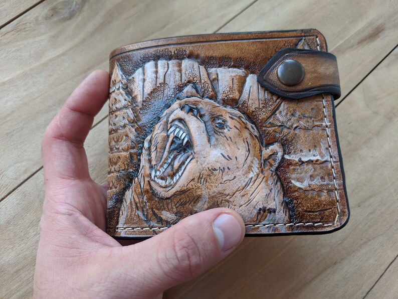 Grizzly Bear Forest Genuine Leather wallet Men's Etsy
