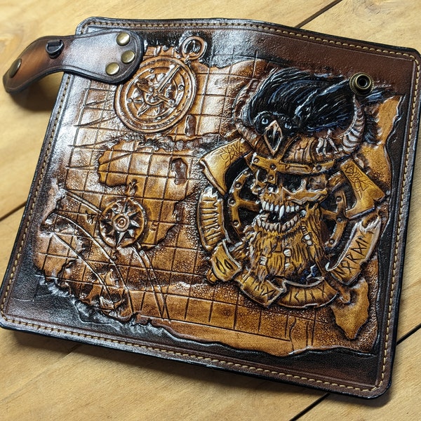 Vikingo, Hacha, Runas, Calavera, Cuervo, Mapa, Brújula, Cartera de cuero genuino 3D para hombre, Cartera hecha a mano, Cartera tallada, Cartera con herramientas, Arte con aerógrafo