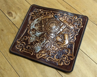 V-twin Engine, Gearhead Design, Skull, Wrench, Men's 3D Genuine Leather Wallet, Handmade wallet, Carved wallet, Tooled wallet, Airbrush Art