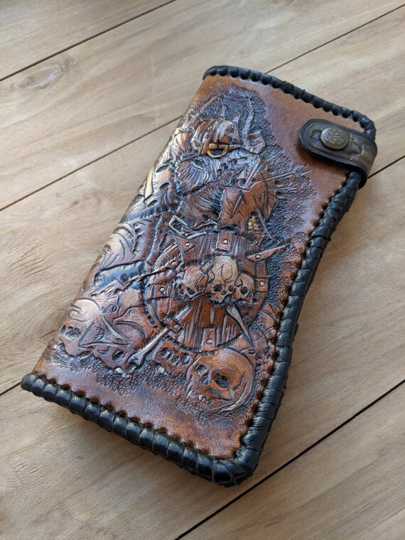Viking Warriors Airbrush Art Crow Runen Mannen 3D Echte Lederen Portemonnee Odin Handgemaakte portemonnee Bijl Tooled portemonnee Gesneden portemonnee Tassen & portemonnees Portemonnees & Geldclips Portemonnee met ketting Skull 