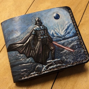 Sci Fi, Space Warrior Inspired Men's 3D Genuine Leather Bifold Wallet, Handmade wallet, Carved wallet, Tooled wallet, Airbrush Art