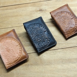 Mayan Calendar, Aztec Art, Handmade Minimalist Leather Card Case Wallet for Men & Women Front Pocket Card Holder, 3D Genuine Leather Wallet image 5