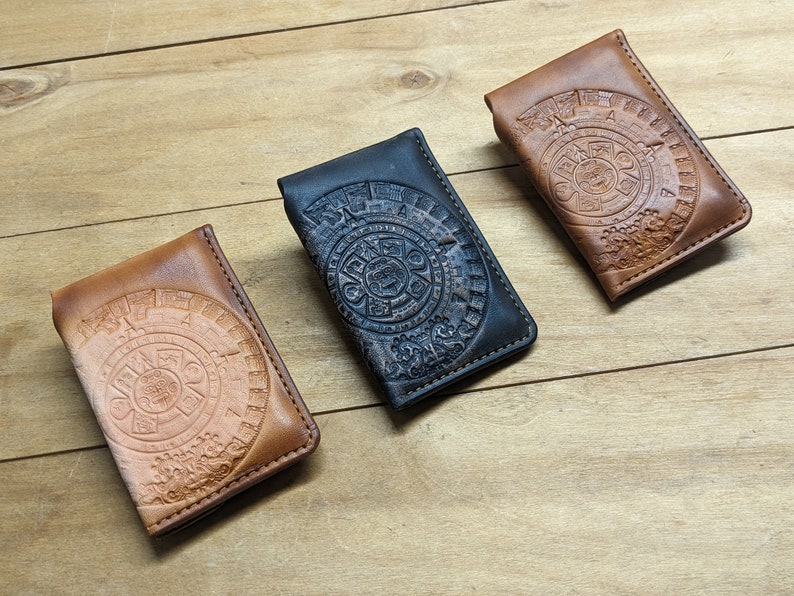 Mayan Calendar, Aztec Art, Handmade Minimalist Leather Card Case Wallet for Men & Women Front Pocket Card Holder, 3D Genuine Leather Wallet image 5