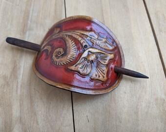 Women's 3D Genuine Leather Barrette, Hair Stick Slide, Hand-Carved, Hand-Painted, Hair Stick, Teak Stick, Hand stamped, Flower, Sheridan