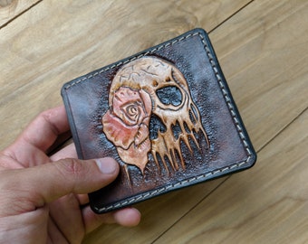 Rose, Skull, Skeleton, Fashion Women's 3D Genuine Leather Wallet, Handmade wallet, Carved wallet, Tooled wallet, Airbrush Art