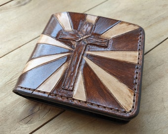 Christian Cross, Phil 4:13, Men's 3D Genuine Leather Wallet, Handmade wallet, Carved wallet, Tooled wallet, Airbrush Art