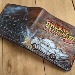 Back to the Future, DeLorean, Locomotive 131, Men's 3D Genuine Leather Wallet, Handmade wallet, Carved wallet, Tooled wallet, Airbrush Art