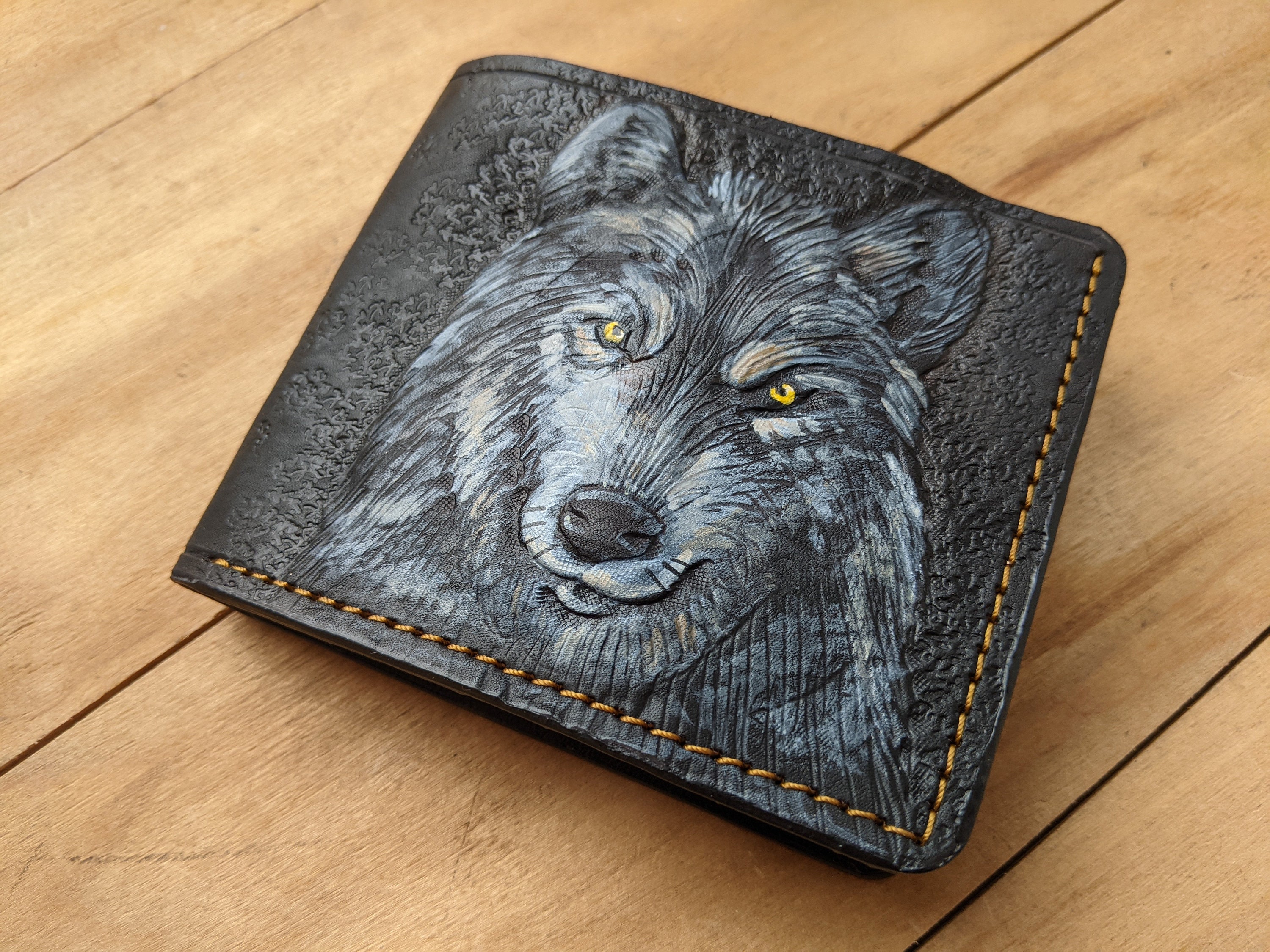 Wolf Leather Wallet Clutch Engraved Wolf Large and roomy