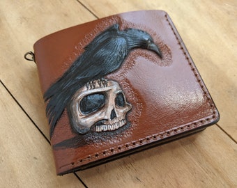 Crow, Skull, Men’s 3D Genuine Leather Wallet, Hand-Carved, Hand-Painted, Airbrush Art, Leather Carving, Carved wallet, Custom wallet