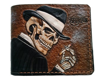 Gangster, Cigarette, Smoking Skull, Skeleton, Men's 3D Genuine Leather Wallet, Handmade wallet, Carved wallet, Tooled wallet, Airbrush Art