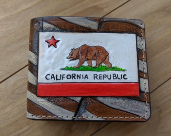 California Republic, United States Flag, Bear, Hollywood, 3D Genuine Leather wallet, Mens wallet, Hand-Carved, Hand-Painted, Leather Carving