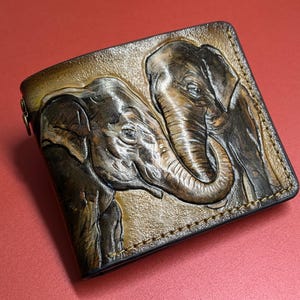 Cartera plegable de cuero genuino hecha a mano con diseño de elefante africano, safari de safari, para amantes de la naturaleza y cazadores: grabada, pintada y estampada a mano
