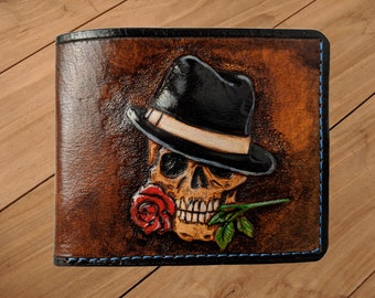 Rose, Flower, Gangster, Skull, Skeleton, Men's 3D Genuine Leather Wallet, Handmade wallet, Carved wallet, Tooled wallet, Airbrush Art
