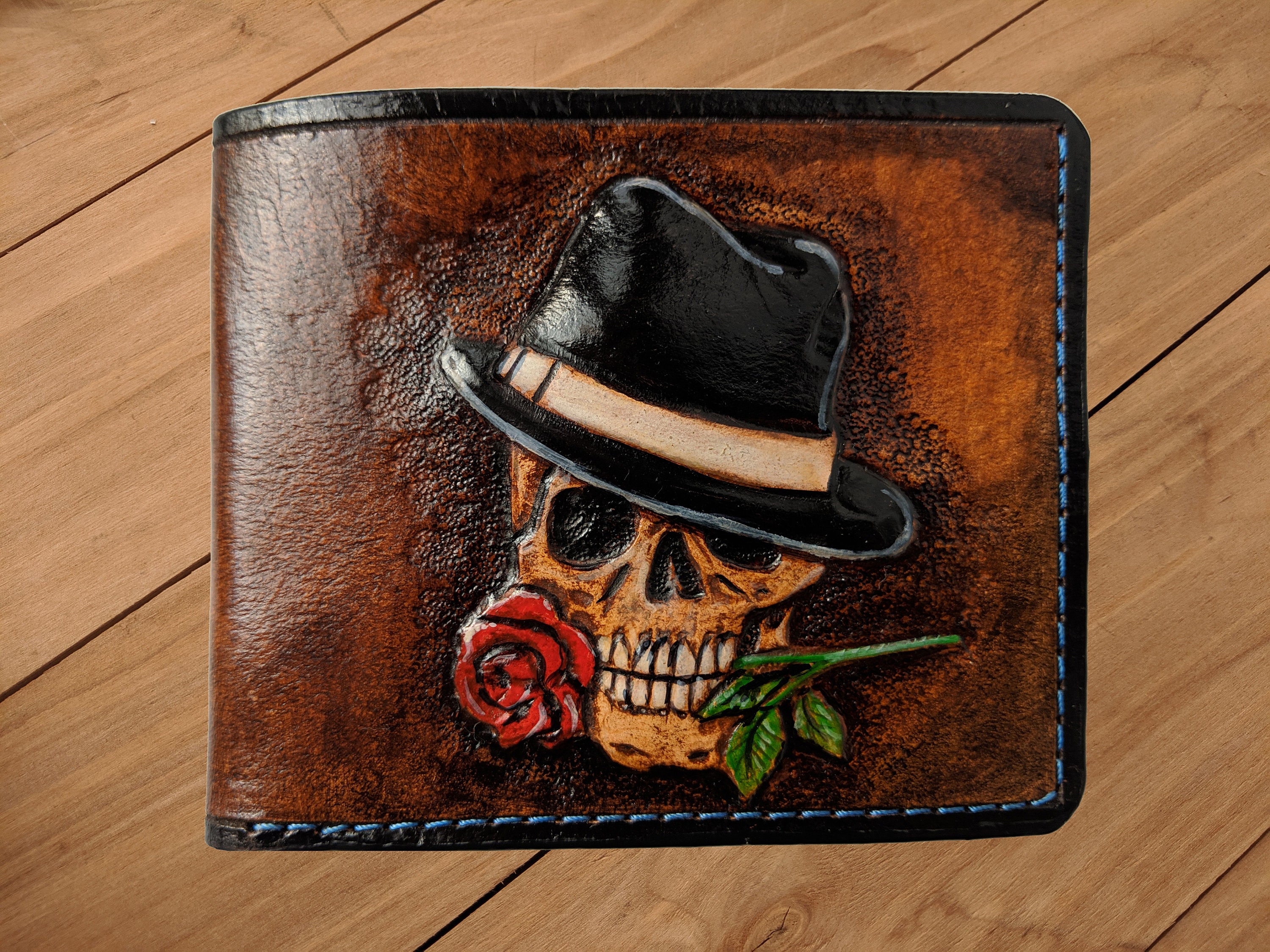  Men's 3D Genuine Leather Wallet, Money clip, Hand-Carved, Hand- Painted, Leather Carving, Custom wallet, Personalized wallet, Skull,  Skeleton, Rose : Handmade Products