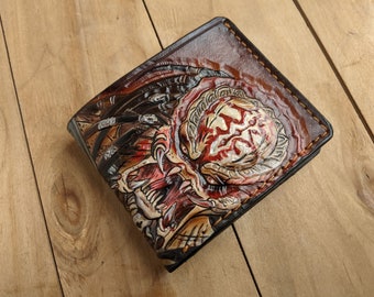 Predator, Alien, Men's 3D Genuine Leather Wallet, Handmade wallet, Carved wallet, Tooled wallet, Airbrush Art