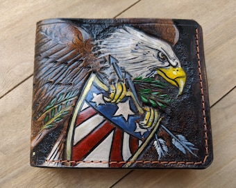 Aquila calva, bandiera degli Stati Uniti, stemma, americano, portafoglio da uomo in vera pelle 3D, intagliato a mano, dipinto a mano, intaglio in pelle