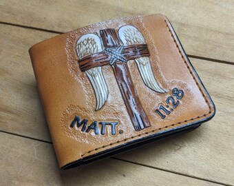 Christian Cross, Matt. 11:28, Angel Wings, Men's 3D Genuine Leather Wallet, Handmade wallet, Carved wallet, Tooled wallet, Airbrush Art