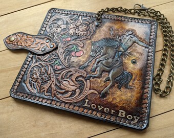 Cowboy, Horse, Rodeo, Equestrian, Flowers, Lasso, Biker wallet, Long wallet, Genuine Leather wallet, Men's wallet, Hand-Carved, Hand-Painted