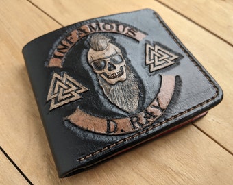 Skull, Valknut Viking Symbol, Hipster, Men's 3D Genuine Leather Wallet, Handmade wallet, Carved wallet, Tooled wallet, Airbrush Art, C(8)