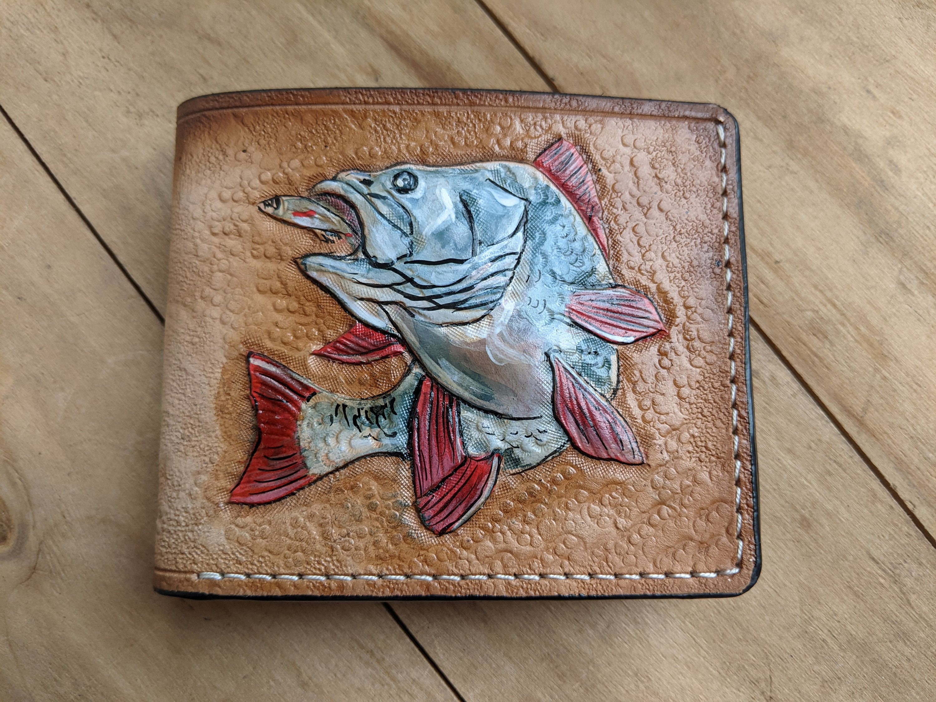 Bass Fish, Fisherman, Angling, Fish, Men's 3D Genuine Leather Wallet, Handmade wallet, Carved wallet, Tooled wallet, Airbrush Art, A(31)