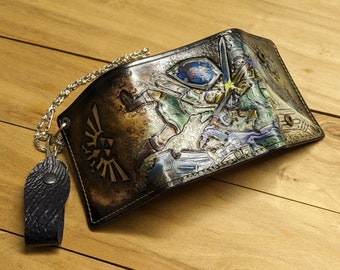 The Legend of Zelda, Hylian Shield, Hyrule Crest, Tri-Fold, Men's 3D Genuine Leather Wallet, Handmade wallet, Carved wallet, Tooled wallet